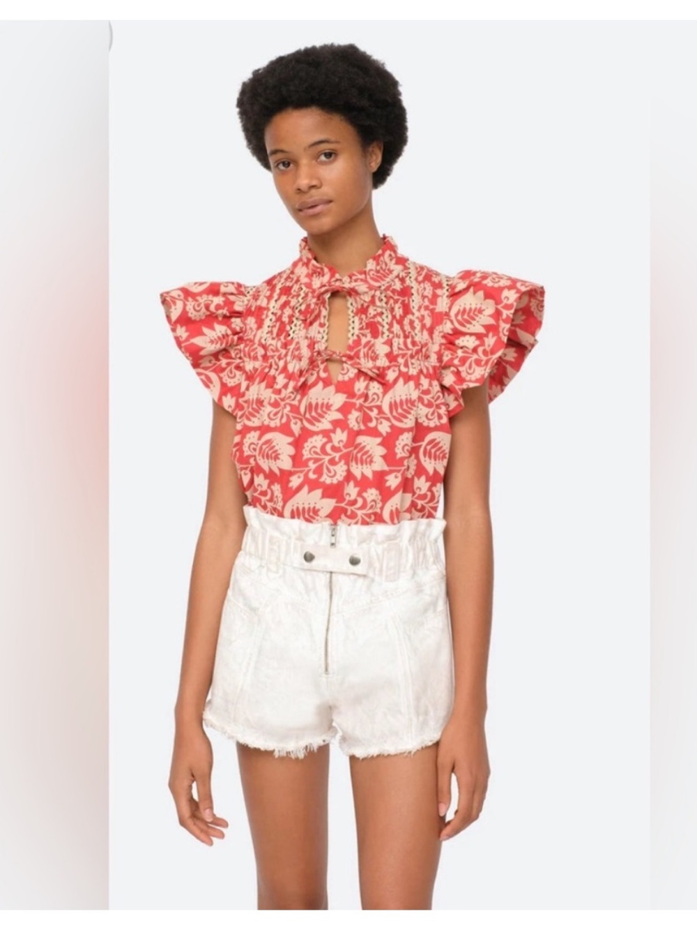 SEA New York Linda Flutter Sleeve Print Top Brick Red Tan XS perfect condition